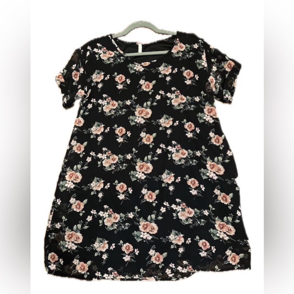 Pink Blush Short Black Chiffon V Neck Dress with Pink and Green Floral Motif